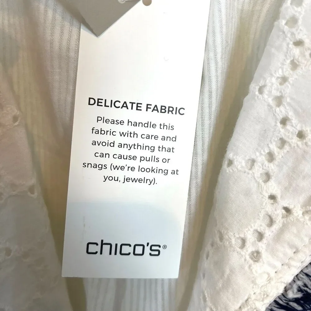 Chico's Eyelet Topper Jacket Embellished Cotton Linen White Blue SZ 12 P NWT